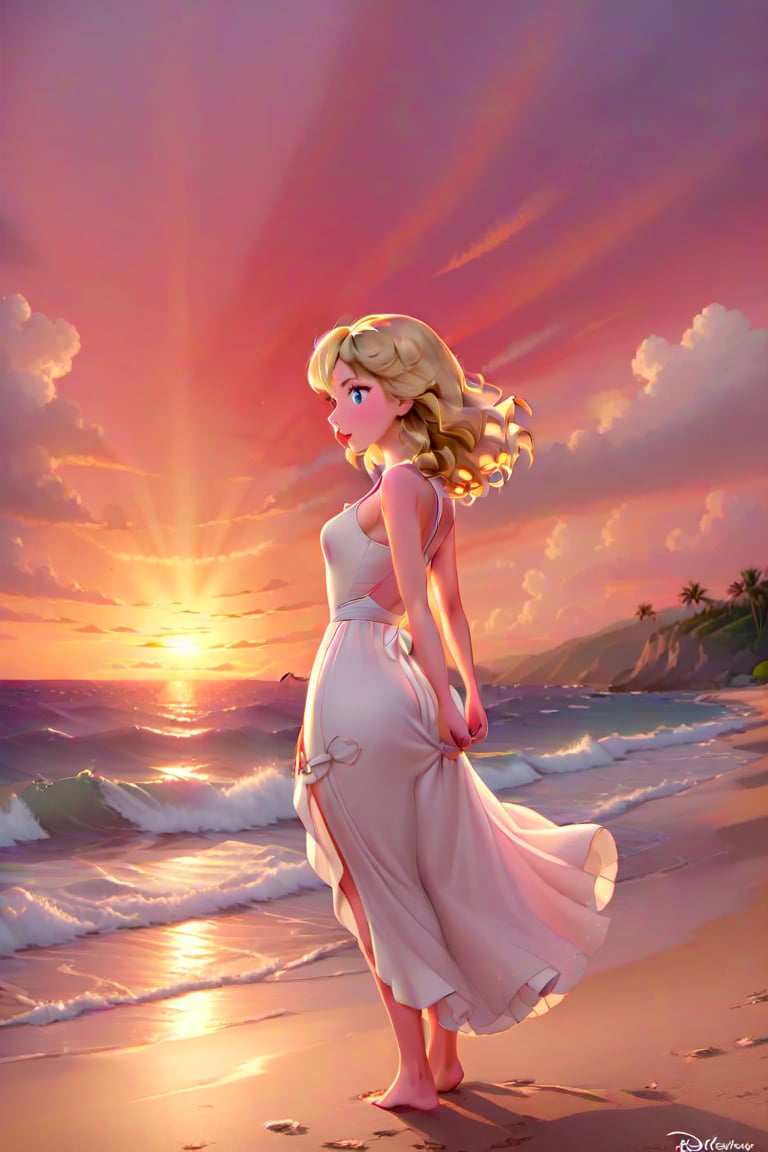 cartoon of Taylor Swift, 23, stands confidently on a sun-kissed beach at golden hour. Her bright blonde curls cascade down her back like honeycombed waves. Her features are radiant under a fiery sunset sky, red lips glistening with a subtle smile. A flowing white dress hugs her curves, the sea breeze rustling its delicate folds as she gazes out towards the horizon.,TaylorSwift,Taylor Swift woman,photo r3al,disney pixar style,Extremely Realistic