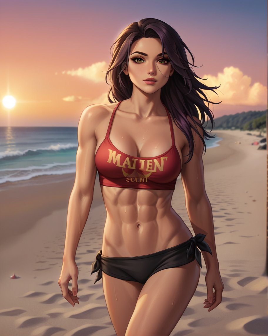 Megan Fox, 23 years old, struts down the sun-kissed beach at dusk, her raven hair blowing gently in the sea breeze. She wears a daring transparent pink T-shirt that catches the golden light of the setting sun, paired with a sizzling black bikini that accentuates her toned physique. The warm glow of the sunset casts a flattering light on her radiant skin as she walks towards the camera, her long legs and athletic build on full display.