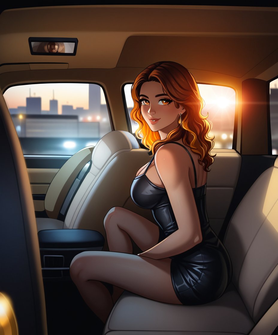 cartoon of Shakira, radiant and confident, sits in the back seat of a  black luxury car, her minidress hugs her curves, accentuating her signature movesr toned legs stretched out before her. The black leatherAs the vehicle glides through the bustling streets of New York City at sunset, the warm orange hues of the sky mingle with the city's twinkling lights, casting a romantic glow on Shakira's sultry profile.