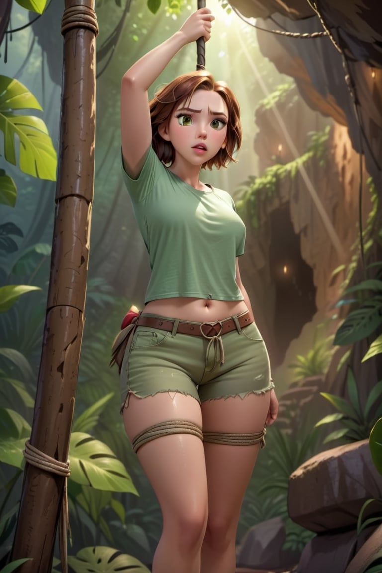 cartoon  full body of a beautiful Scarlett  Johansson 25 years old brown hair, wearing a green T-shirt, green jeans shorts whit the hands tied a pole stand up in a cave in the jungle at morning whit lightin natural as background in 4k,OHWX,better photography,disney pixar style