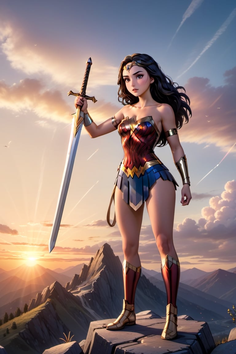 cartoon full body of a beautiful Gal Gadot 25 years old as wonder woman of DC  black hair, whit a sword in a hand wearing a custom of wonder woman stand up in a mountain at sunset whit Athenas as background in 4k,OHWX,better photography,OHWX WOMEN ,disney pixar style