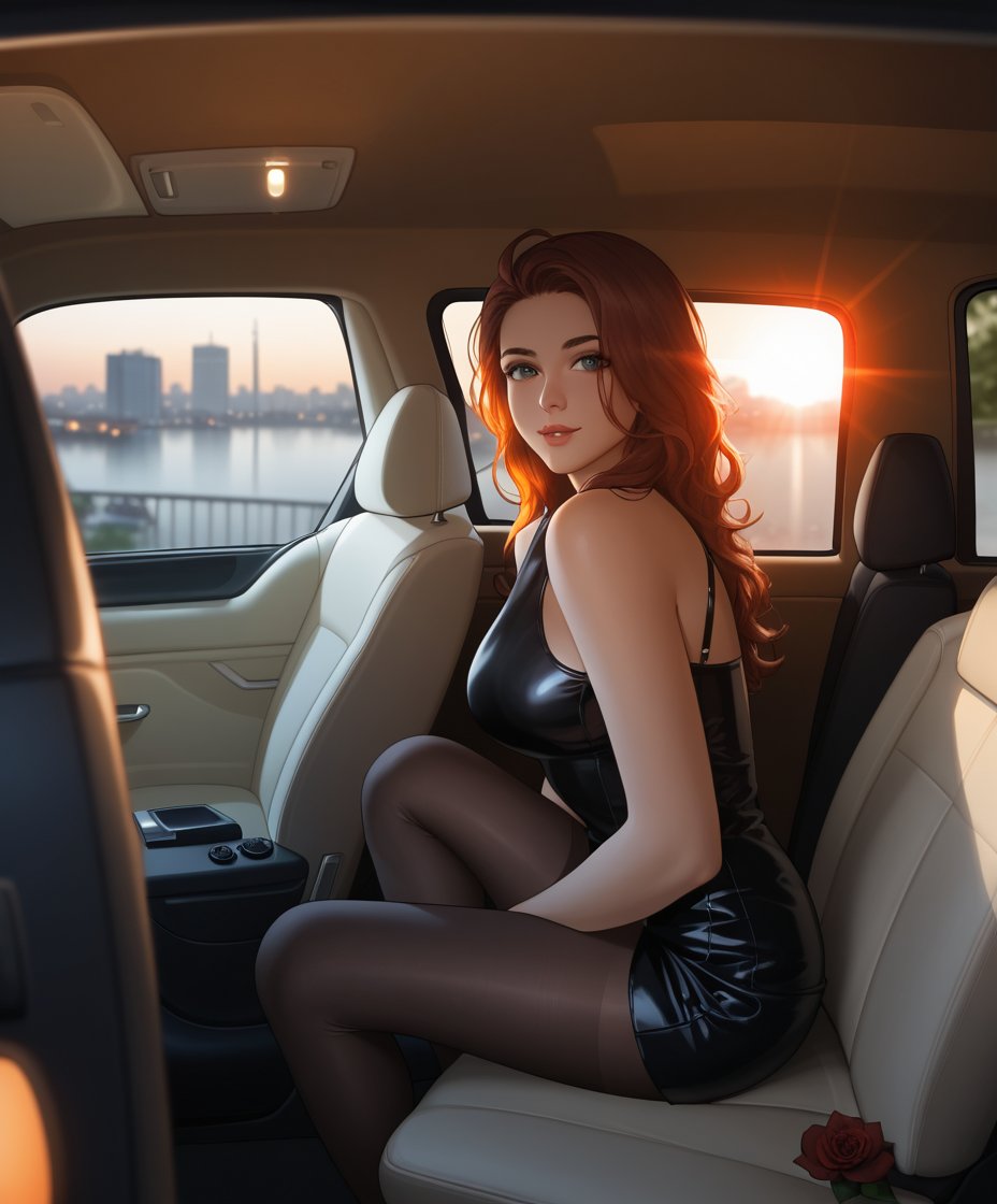 cartoon of Shakira, radiant and confident, sits in the back seat of a  black luxury car, her toned legs stretched out before her. The black leather minidress hugs her curves, accentuating her signature moves. As the vehicle glides through the bustling streets of New York City at sunset, the warm orange hues of the sky mingle with the city's twinkling lights, casting a romantic glow on Shakira's sultry profile.