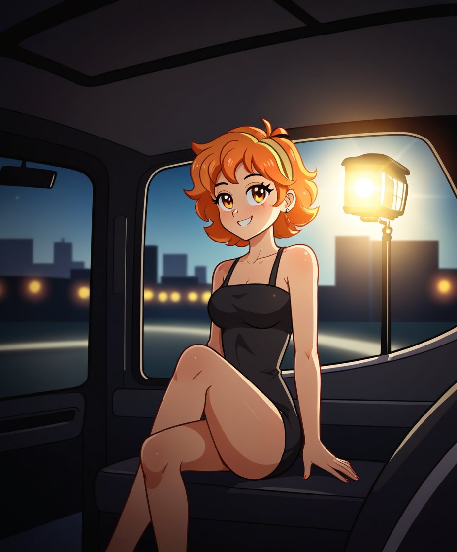 cartoon of Shakira, radiant and confident, sits in the back seat of a  black luxury car, her minidress hugs her curves, accentuating her signature movesr toned legs stretched out before her. The black leatherAs the vehicle glides through the bustling streets of New York City at sunset, the warm orange hues of the sky mingle with the city's twinkling lights, casting a romantic glow on Shakira's sultry profile.