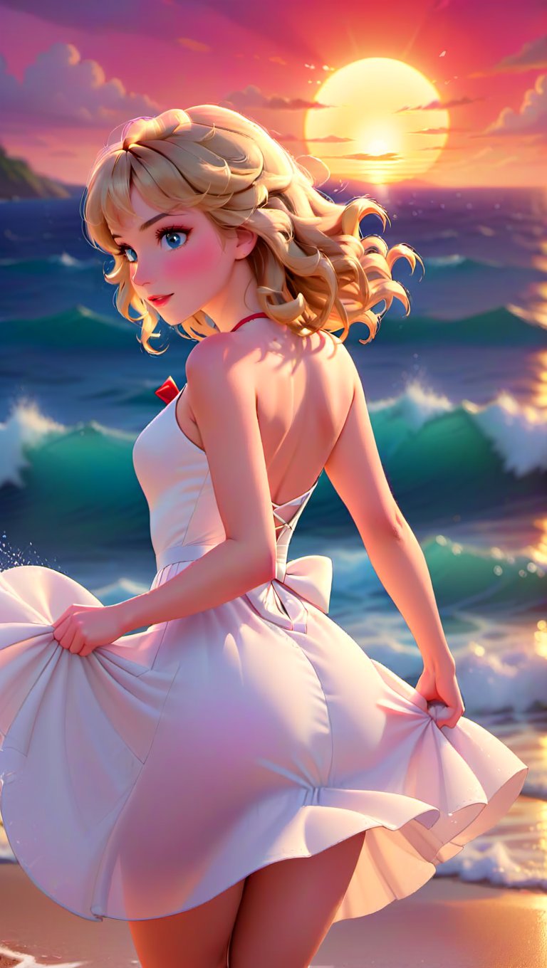 cartoon of Taylor Swift, 23, stands confidently on a sun-kissed beach at golden hour. Her bright blonde curls cascade down her back like honeycombed waves. Her features are radiant under a fiery sunset sky, red lips glistening with a subtle smile. A flowing white dress hugs her curves, the sea breeze rustling its delicate folds as she gazes out towards the horizon.,TaylorSwift,Taylor Swift woman,photo r3al,disney pixar style,Extremely Realistic