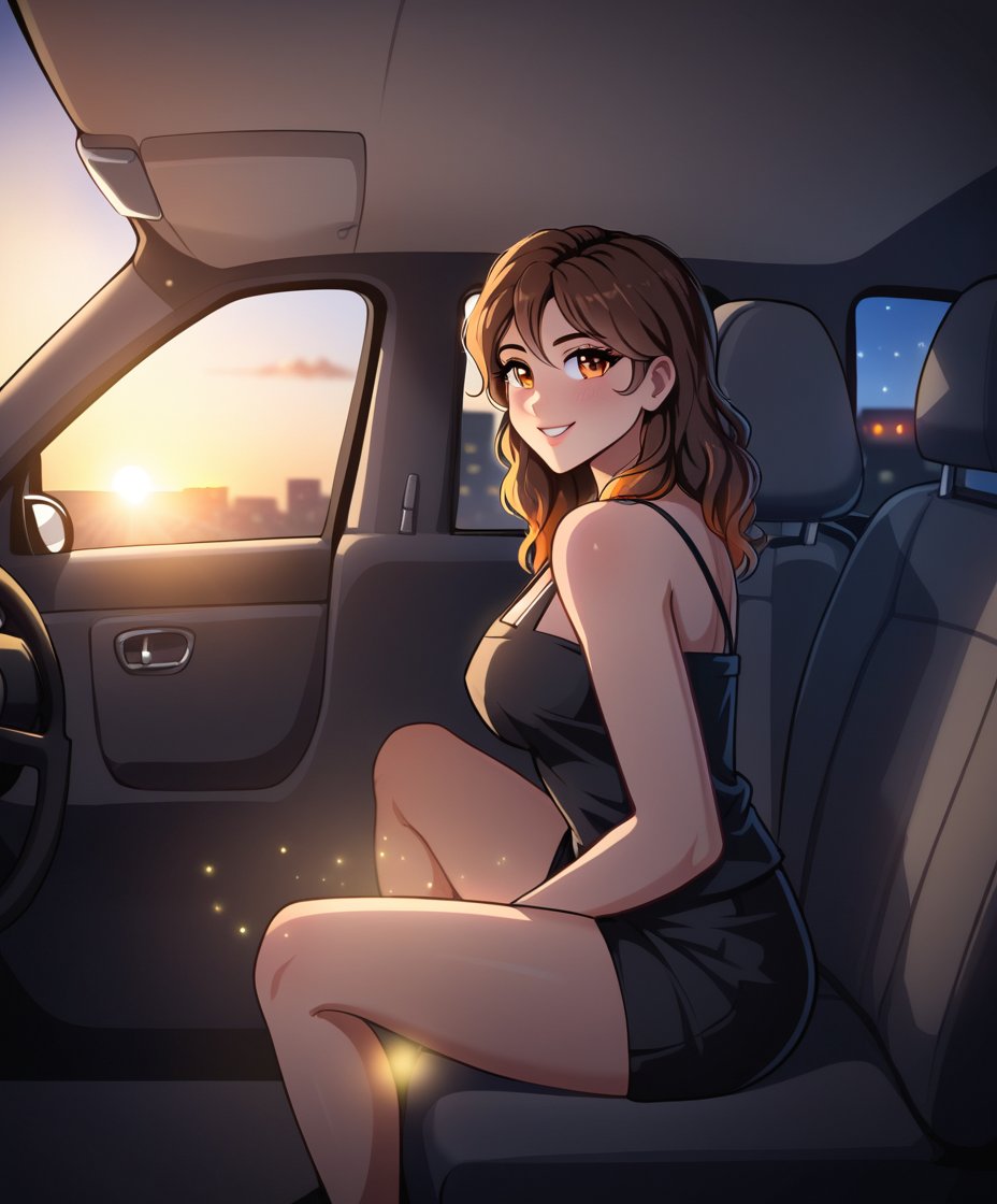 cartoon of Shakira, radiant and confident, sits in the back seat of a  black luxury car, her minidress hugs her curves, accentuating her signature movesr toned legs stretched out before her. The black leatherAs the vehicle glides through the bustling streets of New York City at sunset, the warm orange hues of the sky mingle with the city's twinkling lights, casting a romantic glow on Shakira's sultry profile.