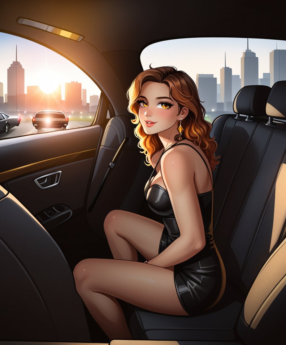 cartoon of Shakira, radiant and confident, sits in the back seat of a  black luxury car, her minidress hugs her curves, accentuating her signature movesr toned legs stretched out before her. The black leatherAs the vehicle glides through the bustling streets of New York City at sunset, the warm orange hues of the sky mingle with the city's twinkling lights, casting a romantic glow on Shakira's sultry profile.