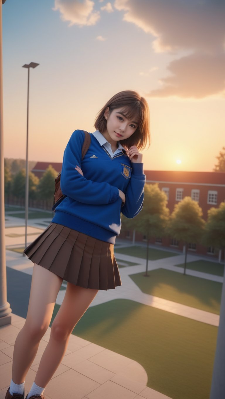 a photography full body of a beautiful caucasian girl 19 years old ,brown small hair, wearing a skimpy blue school uniform and miniskirt stand up in a college at sunset  as background in 4k,Extremely Realistic,photorealistic,disney pixar style,photo r3al, score_9_up