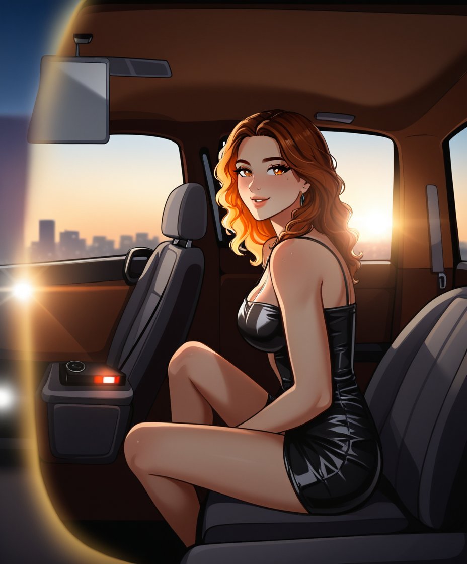 cartoon of Shakira, radiant and confident, sits in the back seat of a  black luxury car, her minidress hugs her curves, accentuating her signature movesr toned legs stretched out before her. The black leatherAs the vehicle glides through the bustling streets of New York City at sunset, the warm orange hues of the sky mingle with the city's twinkling lights, casting a romantic glow on Shakira's sultry profile.