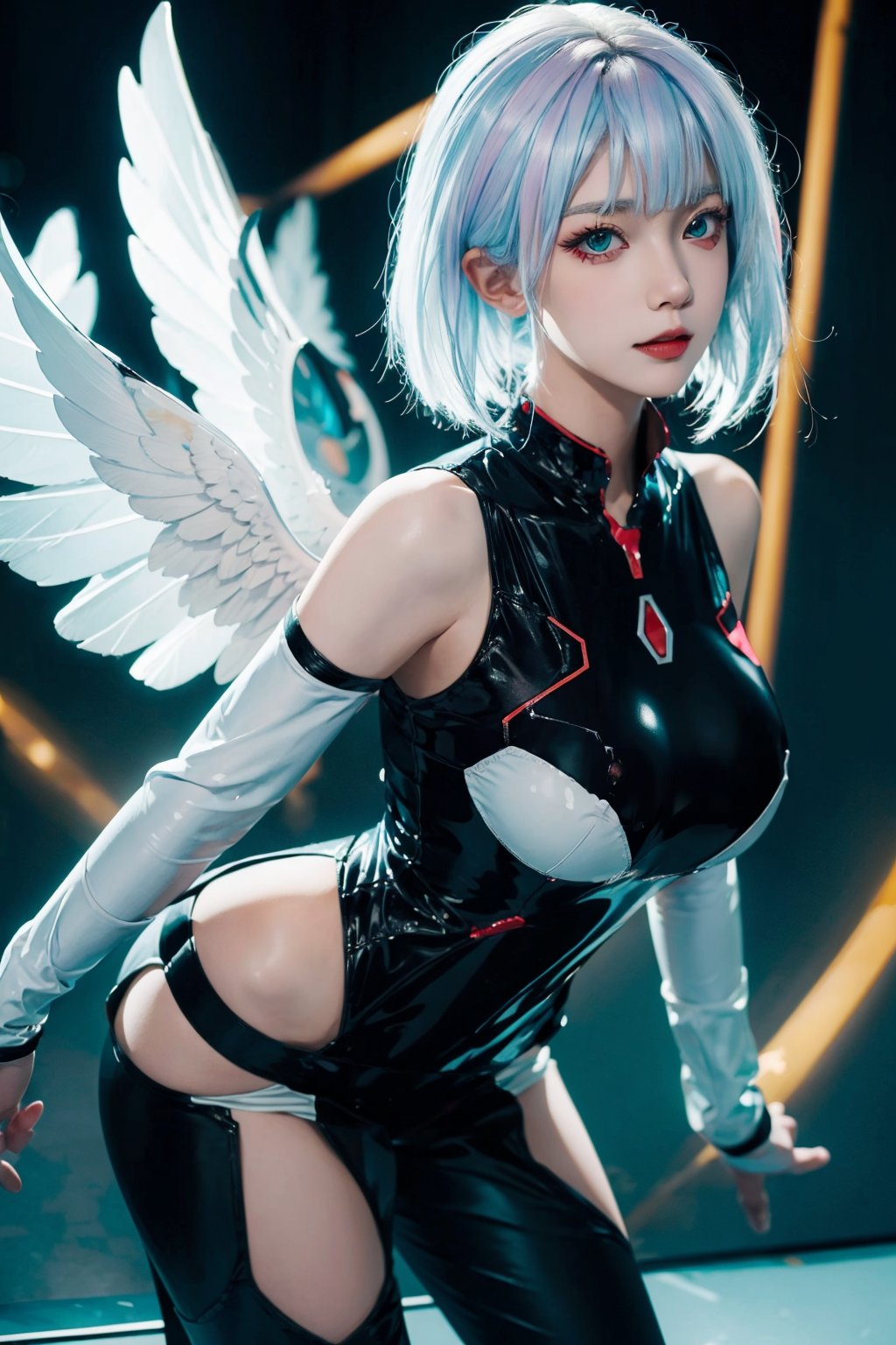 (masterpiece:1.3),(best quality:1.2),8k,absurdres,unity 8k wallpapper,(extremely detailed:1.3),highestres, 1girl, large_breast ,heterochromia, white hair, black hair, split theme, angel,devil,wings,front view,facing front
,weiboZH,mecha musume,haruka,Breasts on glass