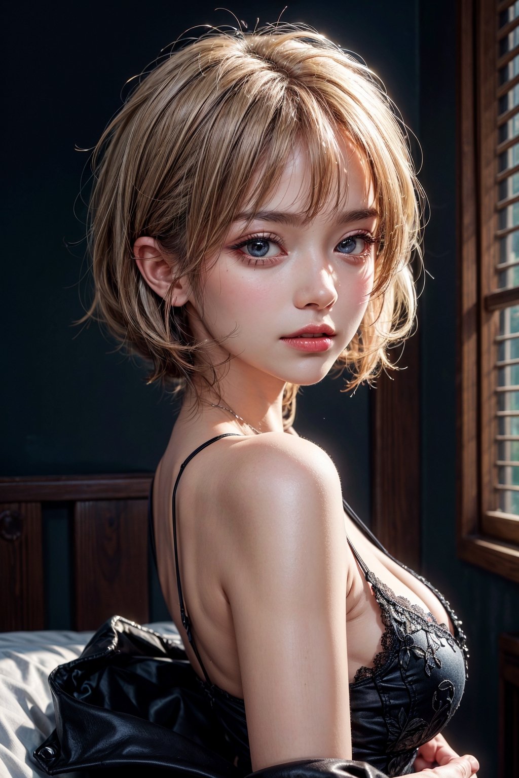 messy_hair,short_hair,white_hair,red_eyes,seductive smile,looking at viewer,beautiful detailed eyes,beautiful detailed eyes,hair over one eye,{best quality}, {{masterpiece}}, {highres}, original, extremely detailed 8K wallpaper, 1girl, {an extremely delicate and beautiful},,ray tracing,{best quality}, {{masterpiece}}, {highres}, original, extremely detailed 8K wallpaper, {an extremely delicate and beautiful},,incredibly_absurdres,colorful,intricate detail,artbook,,incredibly_absurdres,constricted pupils,large breast,aerola,,wide-eyed,aquagradient eyes,close mouth,from beside,coat,1 girl,mer1