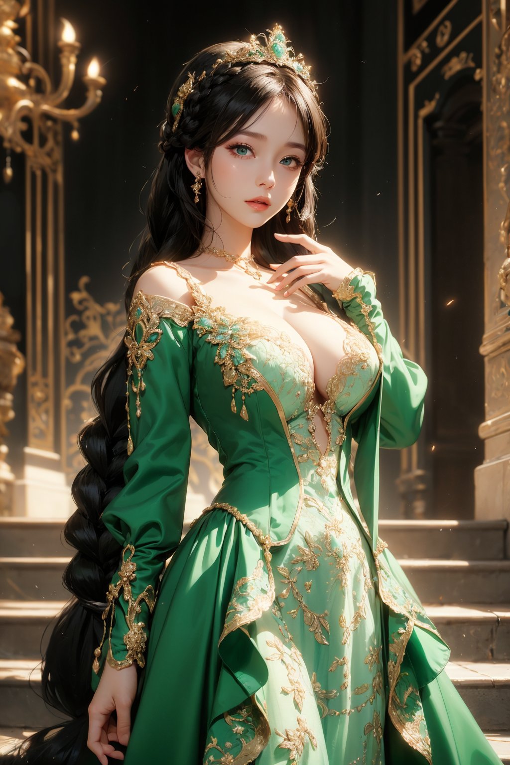 masterpiece, best quality, highly detailed, rococo,1girl, anime, beautiful detailed eyes, looking at viewer, large breast,standing, brown eyes, black hair, braid,white and green highly decorate rococo dress,,,