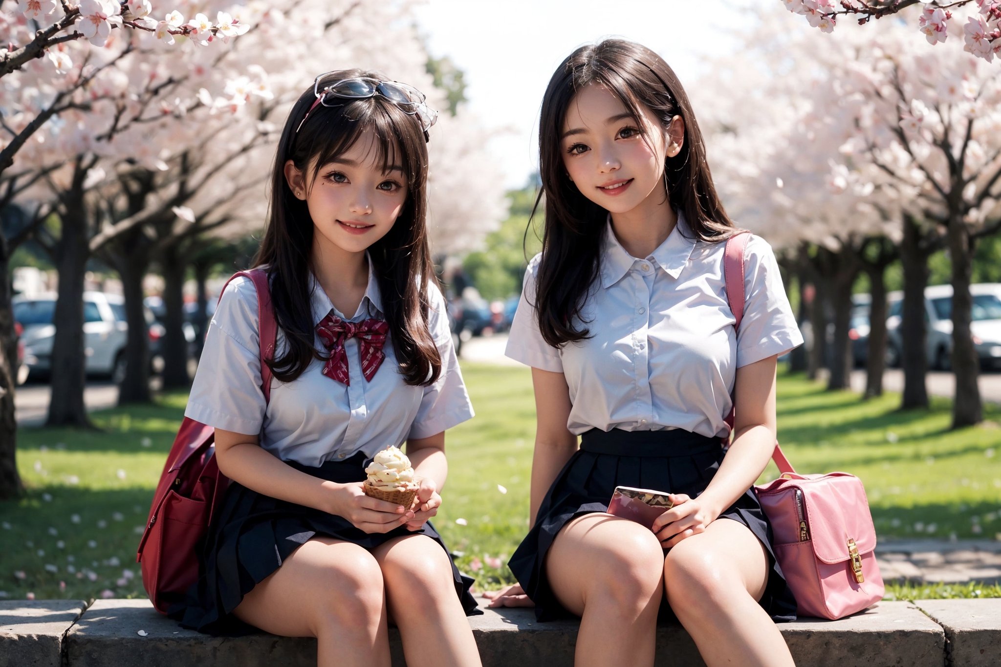 {{two girl}},(masterpiece),long hair,pleated skirt,siscon,underage,medium breast,((loli)),sunlight,sitting,outdoor,cute,Light smile,Naughty face,ice_cream,cherry blossoms,school bag,sunny,Blush stickers,