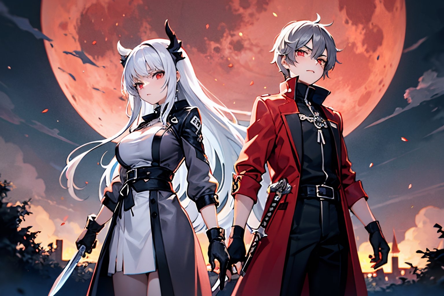 white_hair,red_eyes,teenage,Conceptual art of futuristic yin-yang swordsmen,,standing left and right,knife and sword,Red Moon, Crazy, Grey Coat, Night View,girl,large breast,