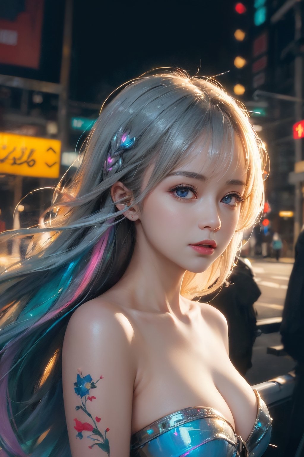 (((((((llustration ))))))),((((((masterpiece)))))),cinematiclighting,bloom,ray tracing,1girl,Rainbow hair,(((colorful))),float hair,  1girl,(white gradation hair),light pinklong hair,detailed cyberpunk city background,night,neon light,female focus on,mechanical arm,large breast, ((Masterpiece,best quality, beautifully painted,highly detailed)),blue eyes,intense angle,dramatic angle,dramatic  pose,  (hologram), ((circuitry)), ((translucent)), chromatic aberration,