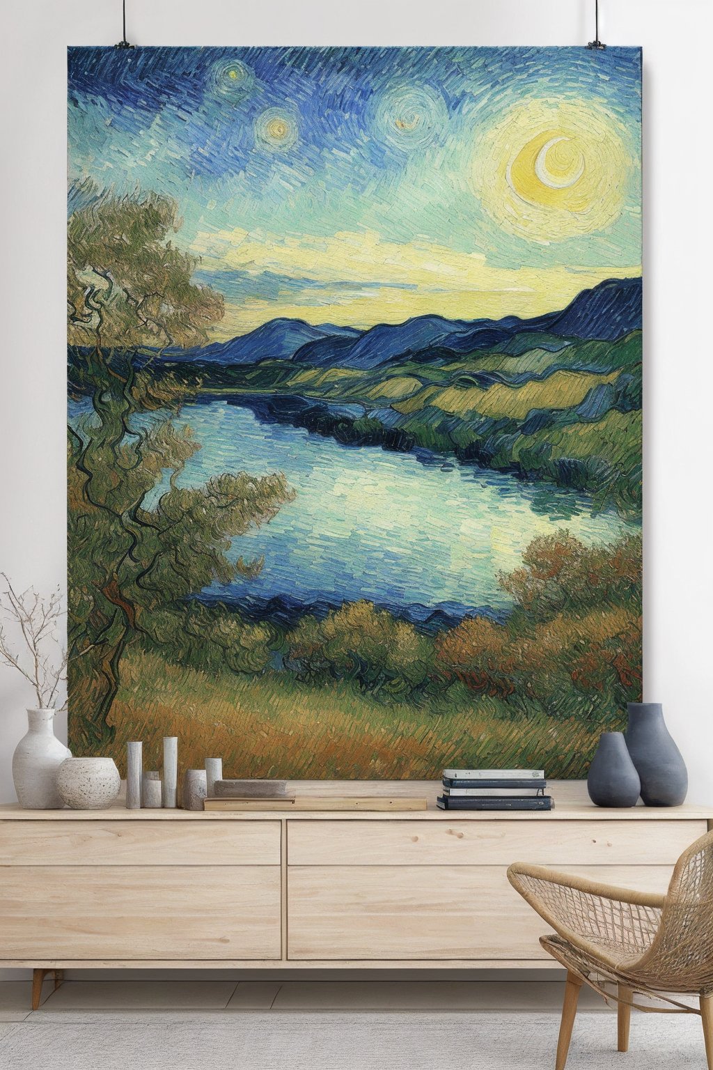 Printable Majestic Big Lake, Forest background, Sunset Sky, Oil Painting Printable, Art Digital, Van Gogh Style, Luxurious Feel, Soothing feeling, Dreamy feeling, 