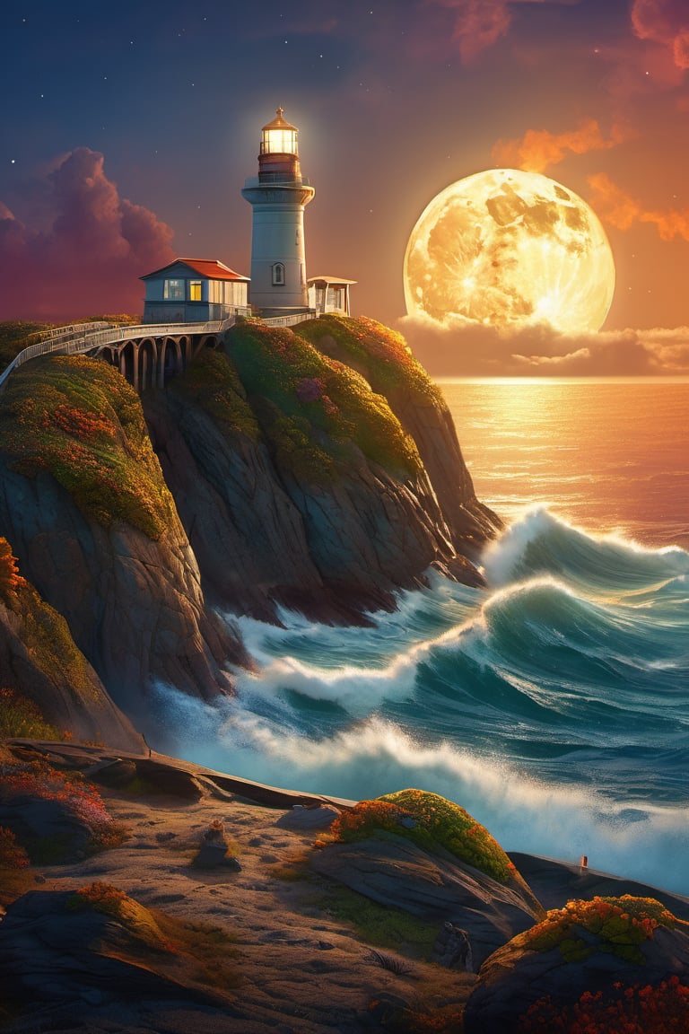 a lighthouse on a cliff near the ocean, full moon, cinematic perfect light, colorful, ultra highly detailed, 32 k, Fantastic Realism complex background, dynamic lighting, lights, digital painting, intricated pose, highly detailed intricated, stunning, textures, iridescent and luminescent scales, breathtaking beauty, pure perfection, divine presence, unforgettable, impressive, breathtaking beauty, Volumetric light, auras, rays, vivid colors reflects, sf, intricate artwork masterpiece, ominous, matte painting movie poster, golden ratio, trending on cgsociety, intricate, epic, highly detailed, vibrant, production cinematic character render, ultra high quality model, 