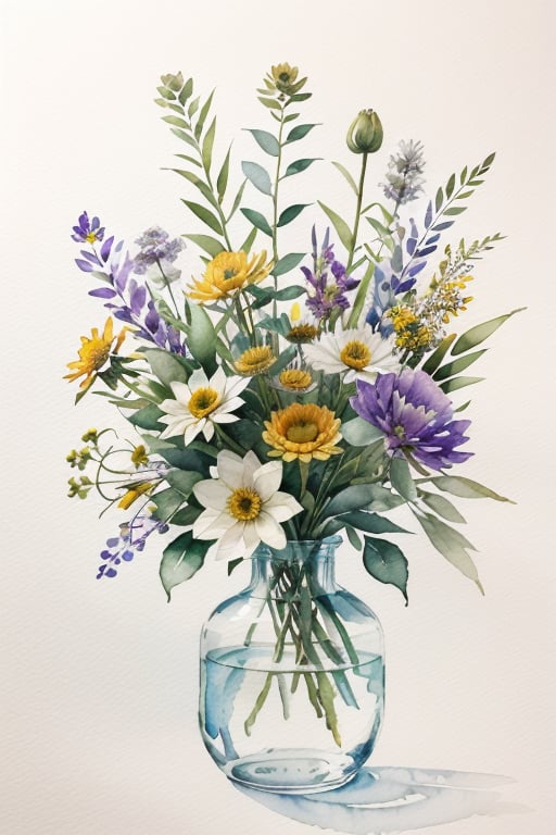 watercolor, colorful wild flowers in vase or jars, white background,