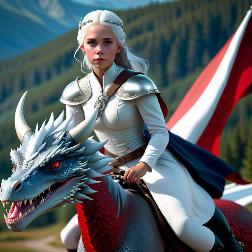 Norwegian young girl, white dress, full body, silver color hair, blue eye, realistic, 8k, best quality, no caption, no words, no text, riding red dragon