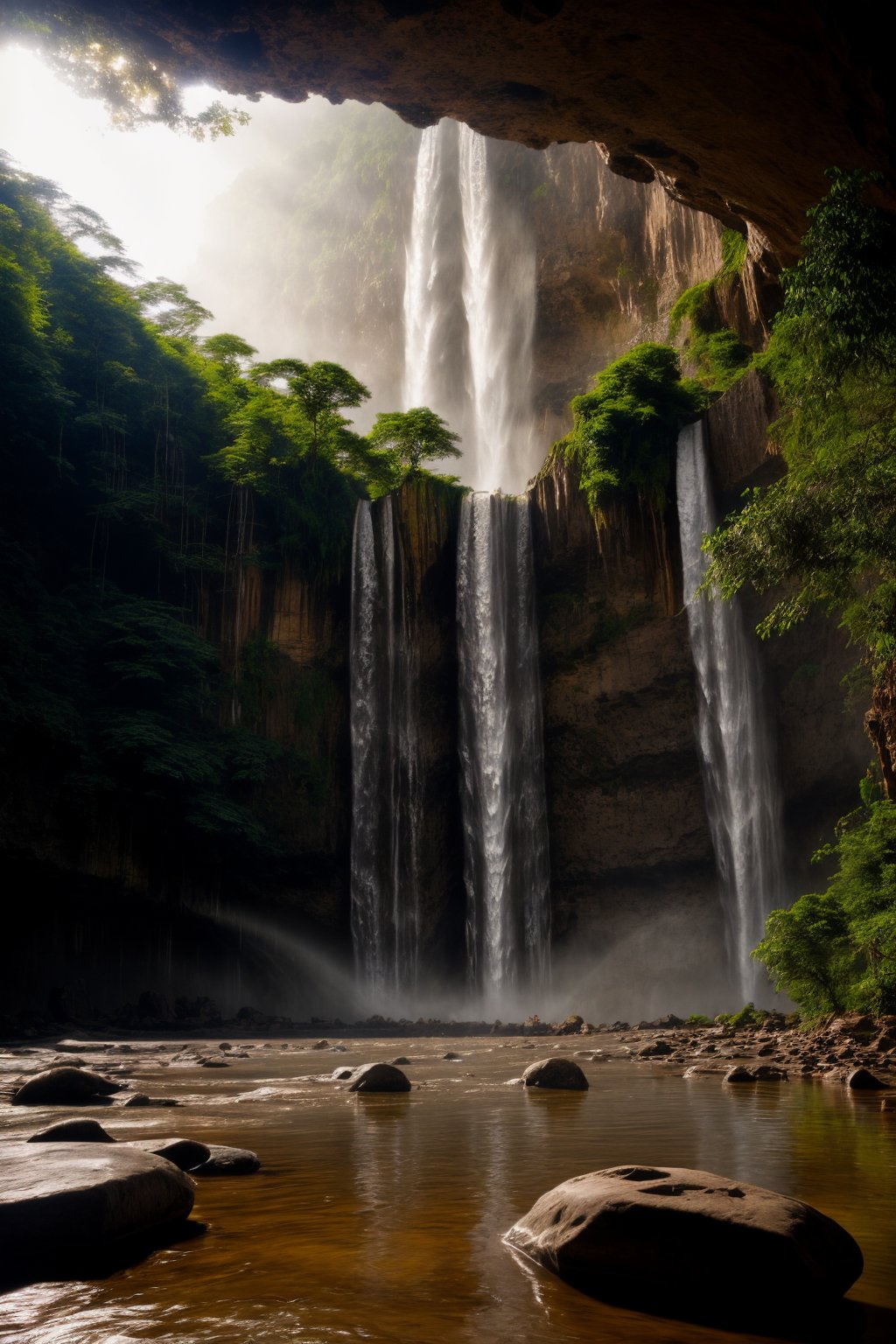 An imposing and highly menacing waterfalls, Carved from heavy rocks, Atmosphere, Dramatic lighting, Beautiful landscape, Epic composition, Wide angle, 