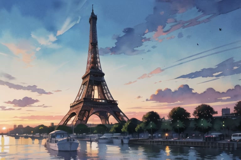 masterpiece, best quality , Eiffel Tower, beautiful scenery, sunset, Watercolor painting,