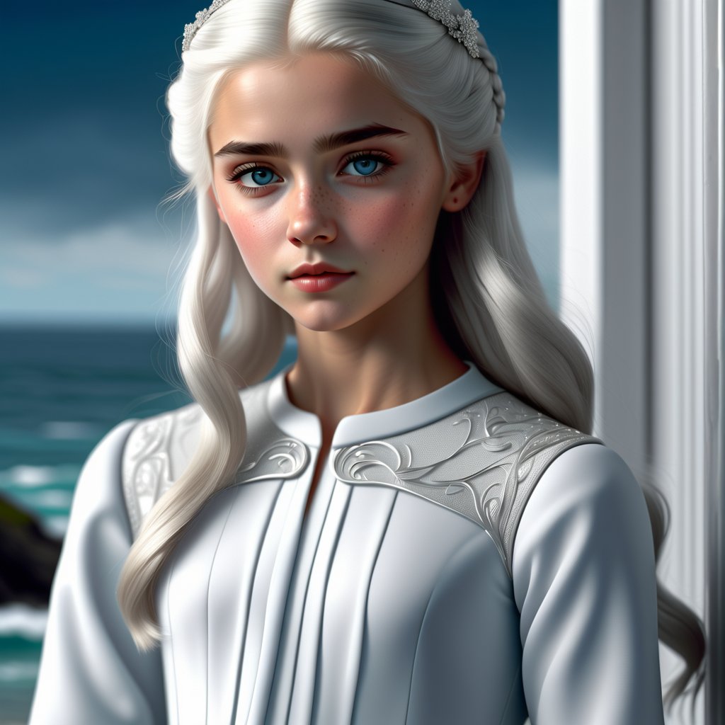 Norwegian young girl, white dress, full body, silver color hair, blue eye, realistic, 8k, best quality, no caption, no words, no text, border sticker