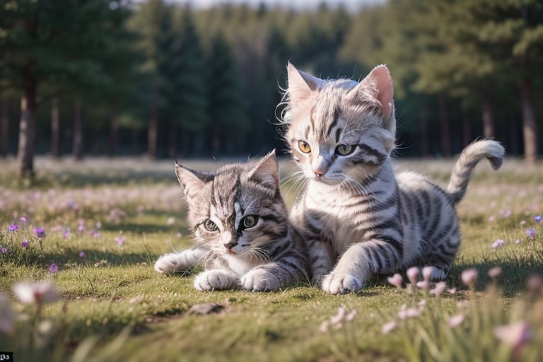 (Masterpiece:1.2, High Quality), Nowegian Forest Kittens, Playing, Double, wild flower field, high jump, Cute, (Grey and Silver hair), ball, cat,Detailedface