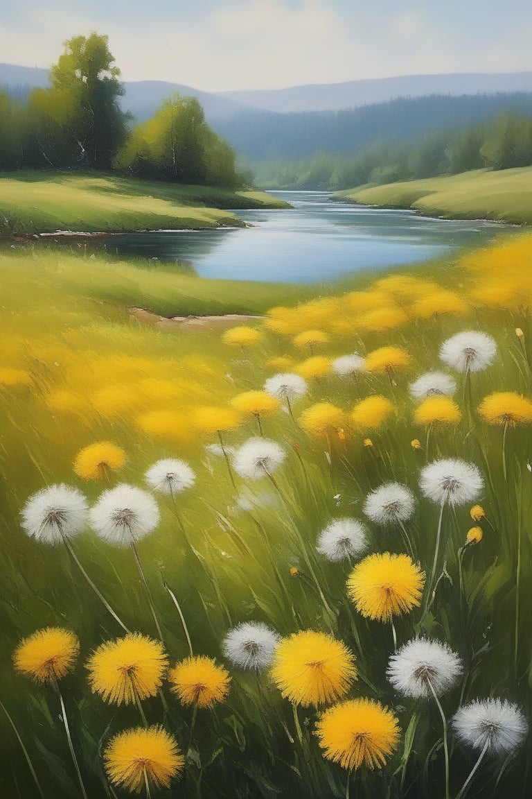 Oil painting, dandelions meadow, wild flowers, river, artistic, painting, illustration, white background, highly detailed,shouban