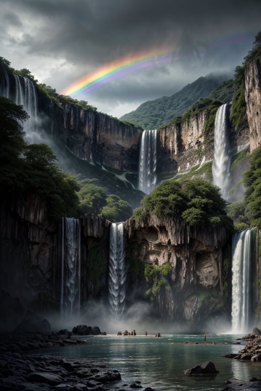 (masterpiece:1.2, best quality:1.2,  high quality, highres:1.1, aesthetic), detailed, extremely detailed, An imposing and highly menacing waterfalls, Carved from heavy rocks, Rainbow, Atmosphere, Dramatic lighting, Beautiful landscape, Epic composition, Wide angle, Oil Painting,