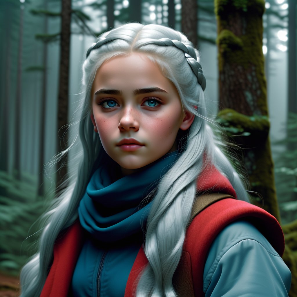 Norwegian young girl, full body, silver color hair, blue eye, realistic, 8k, best quality, no caption, no words, no text, border sticker