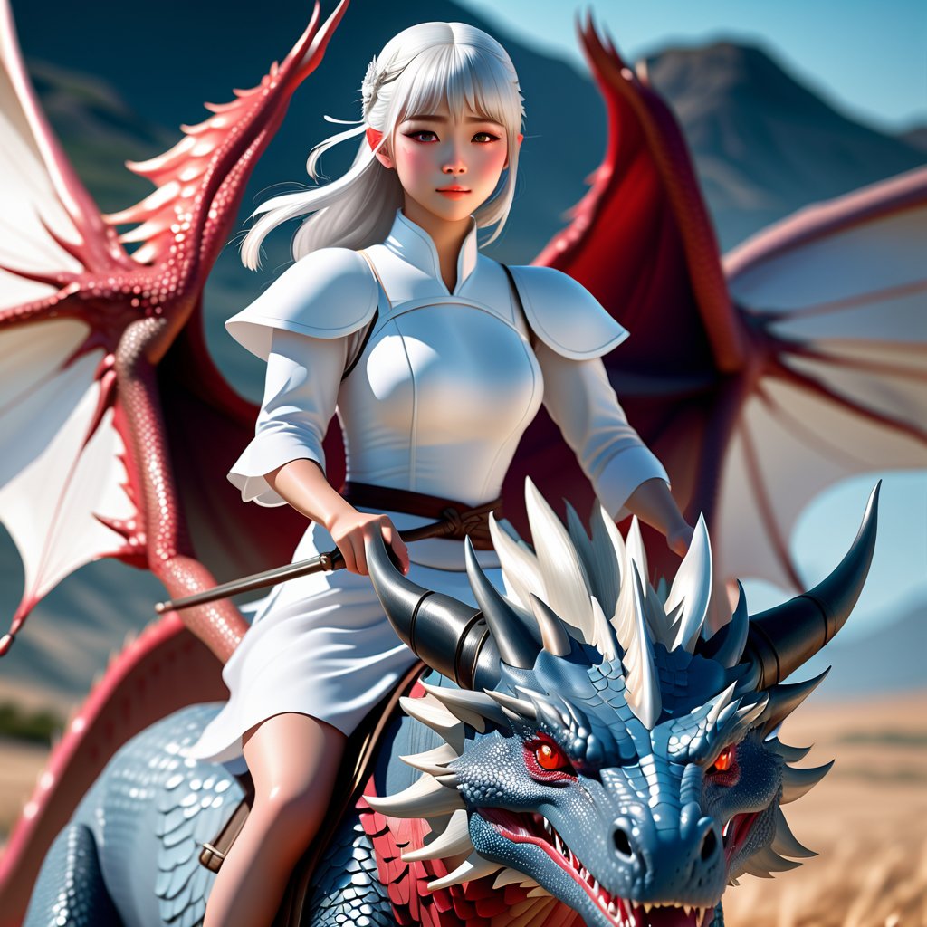 Young Japanese girl, white dress, full body, silver color hair, blue eye, realistic, 8k, best quality, no caption, no words, no text, riding big red dragon, no wings