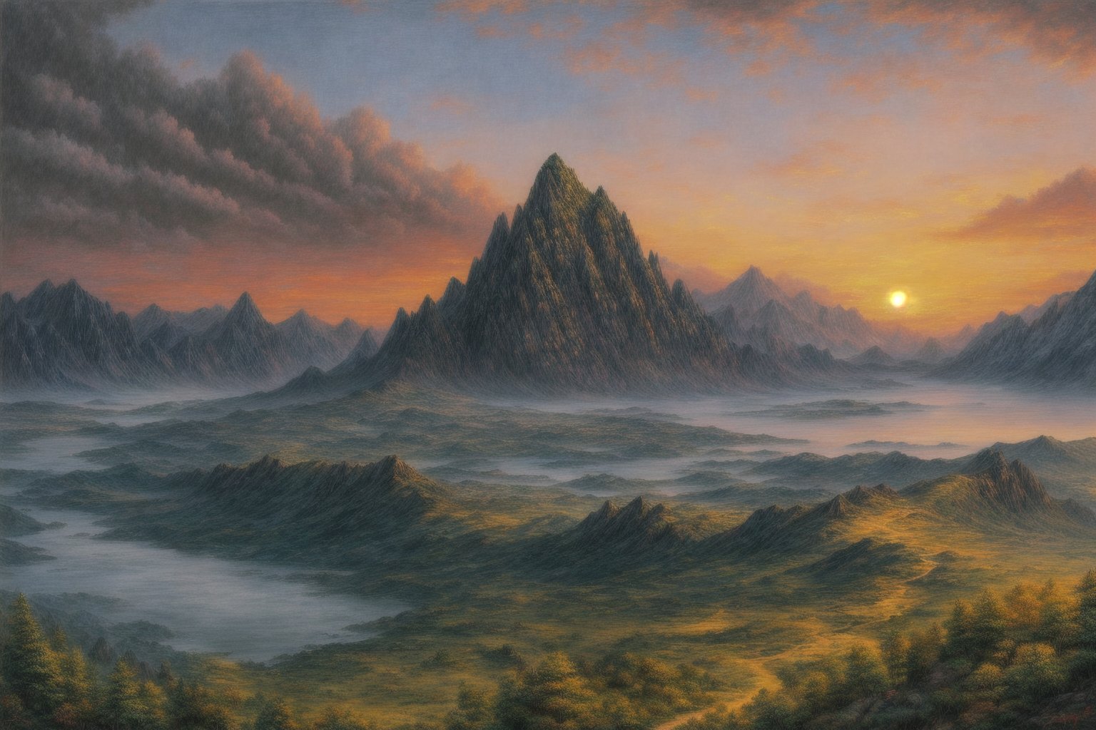 (masterpiece:1.2, best quality:1.2,  high quality, highres:1.1, aesthetic), detailed, extremely detailed, Avatar Mountain, Sunset, Oil Painting, 