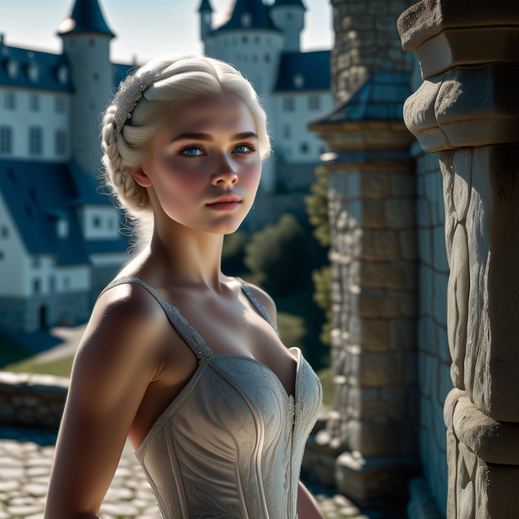 Norwegian young girl, white transparent dress, castle, full body, medium breast, silver color hair, blue eye, realistic, 8k, best quality, no caption, no words, no text, border sticker