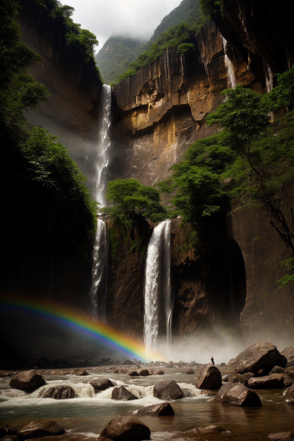 An imposing and highly menacing waterfalls, Carved from heavy rocks, Rainbow, Atmosphere, Dramatic lighting, Beautiful landscape, Epic composition, Wide angle, 