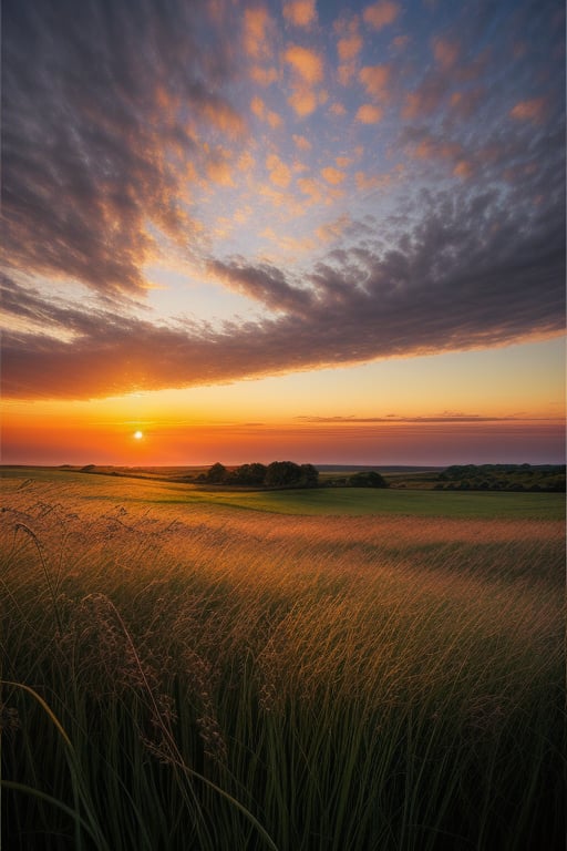 Oil Painting, Landscape art print Wild Grass close up, Landscape art print Wild flower close up, Sunset, Country Field, Light color, 8k, 