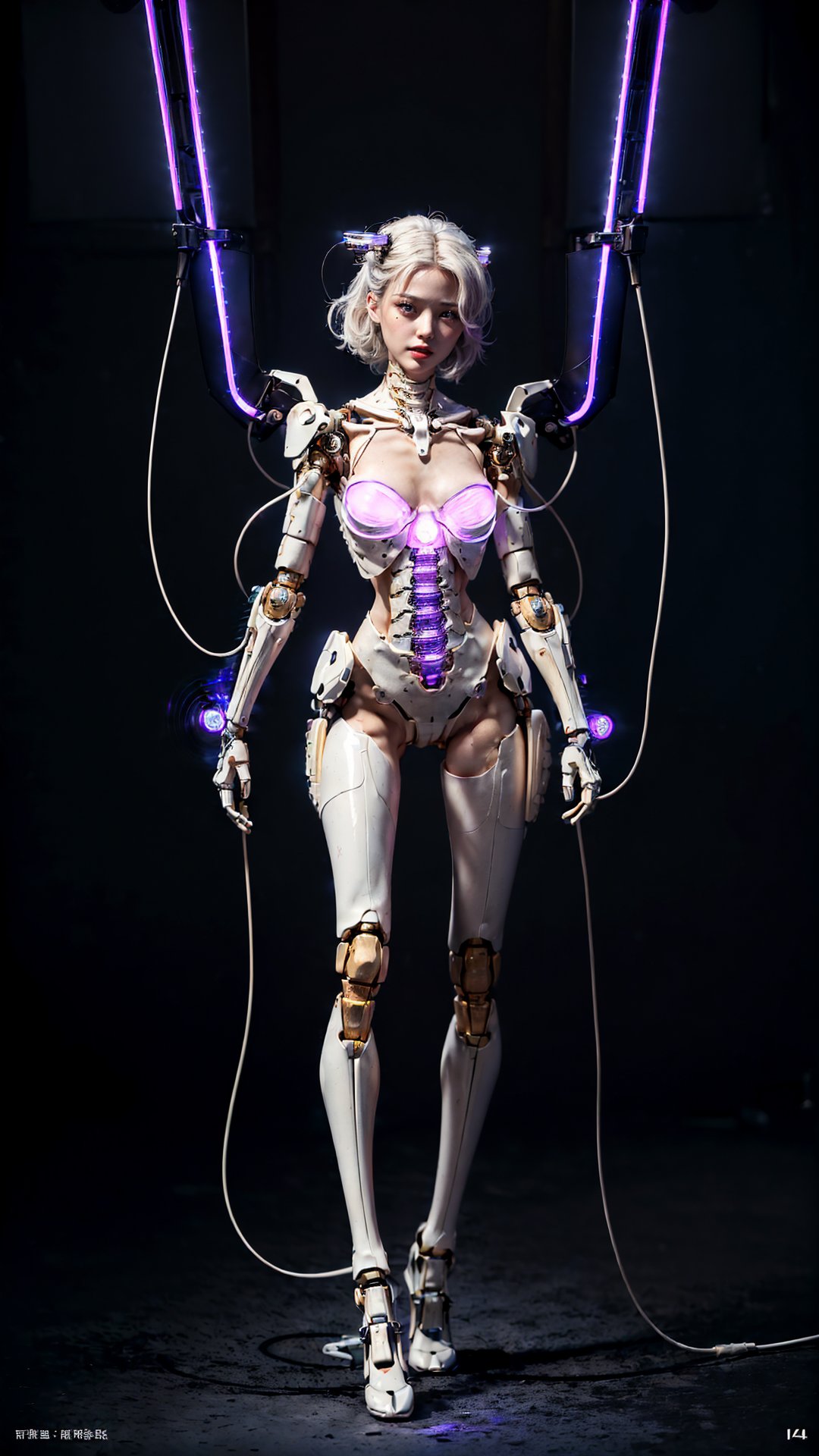 (((Masterpiece)))), (((highest quality)))), ((Ultra Definition)), (Very Detailed Photoreality), (((Very Delicate and Beautiful)), (Delicate and Pretty Face),  (((medium breast))), Cinematic Light, (((1 Machine Girl)), Solo, Full Body, Big, Cleavage Is Visible Skin, White Hair, Purple Eyes, Luminous Eyes, (Mechanical Joint: 1.4), (Mechanical limbs)), (Blood vessels connected to tubes), (( Mechanical vertebrae attached to the back)), ((Cervical vertebrae of the machine) attached to the neck)), (((standing)), expressionless, (wires and cables attached to the head and body: 1.5), (character focus), small LED lamps on the body, Evangelion, SF, metallic body, detailed neon,机甲少女