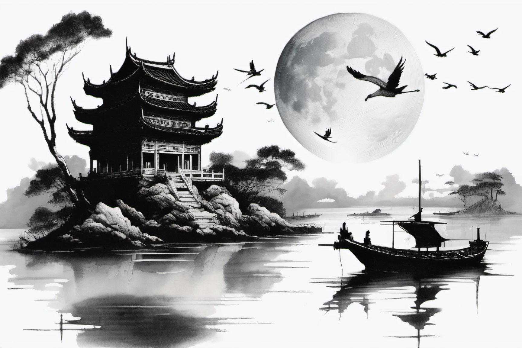 chinese ink drawing, no humans, architecture, east asian architecture, watercraft, boat, moon, cloud, water, scenery, sky, reflection, tree, outdoors, flying cranes