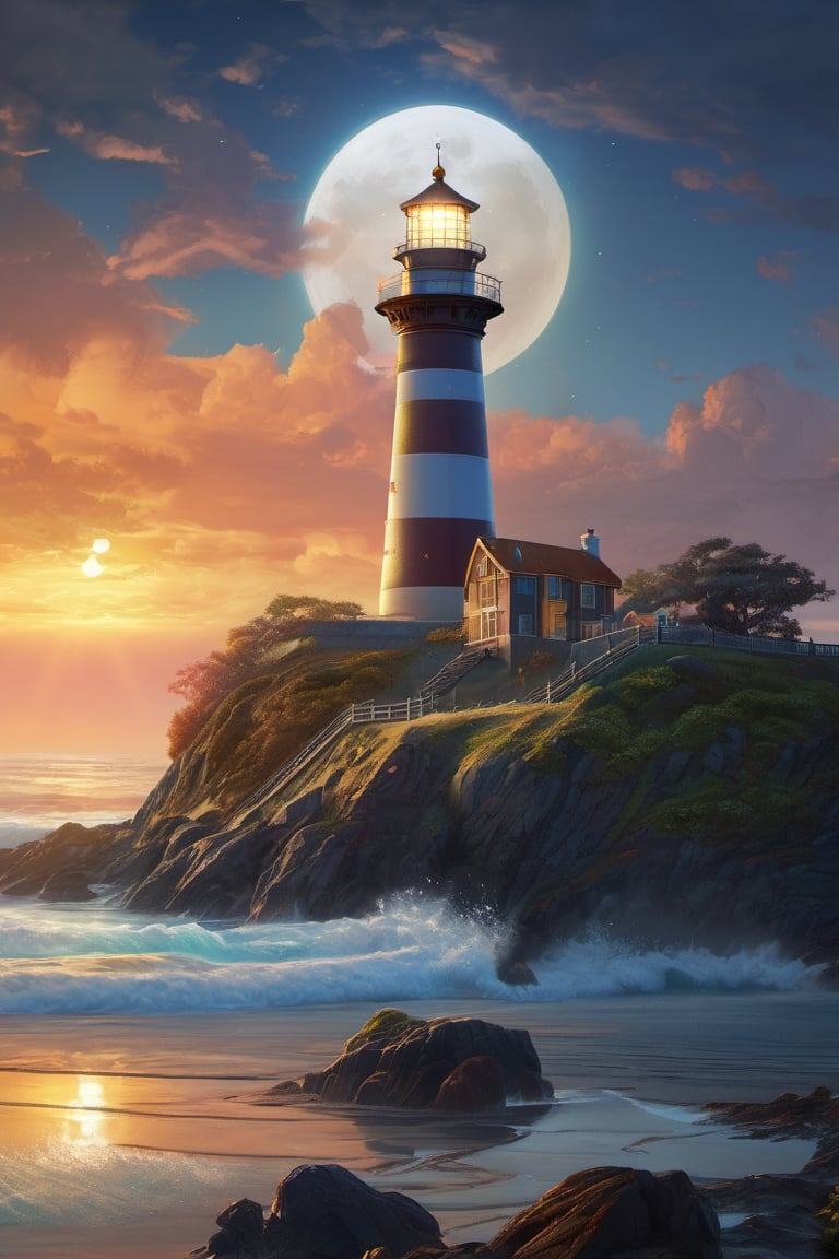 a lighthouse on a cliff near the ocean, full moon, cinematic perfect light, colorful, ultra highly detailed, 32 k, Fantastic Realism complex background, dynamic lighting, lights, digital painting, intricated pose, highly detailed intricated, stunning, textures, iridescent and luminescent scales, breathtaking beauty, pure perfection, divine presence, unforgettable, impressive, breathtaking beauty, Volumetric light, auras, rays, vivid colors reflects, sf, intricate artwork masterpiece, ominous, matte painting movie poster, golden ratio, trending on cgsociety, intricate, epic, highly detailed, vibrant, production cinematic character render, ultra high quality model, oil painting