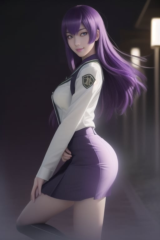 (masterpiece), 32k dgi, ultra detailed, dramatic lighting, hyper realistic, ((solo)), best quality, (((1girl))), (saeko busujima), japanese,  long_hair, purple_hair, purple_eyes, detailed_eyes, saeko_hairstyle, looking_at_viewer, pink_lips, best_body, (((saeko uniform))), smile, convident_eyes,  more detail XL

(Background: japan school class at night), ((horror)),

kyoushitsu,kaidan,hmochako,busujima_saeko, purple hair