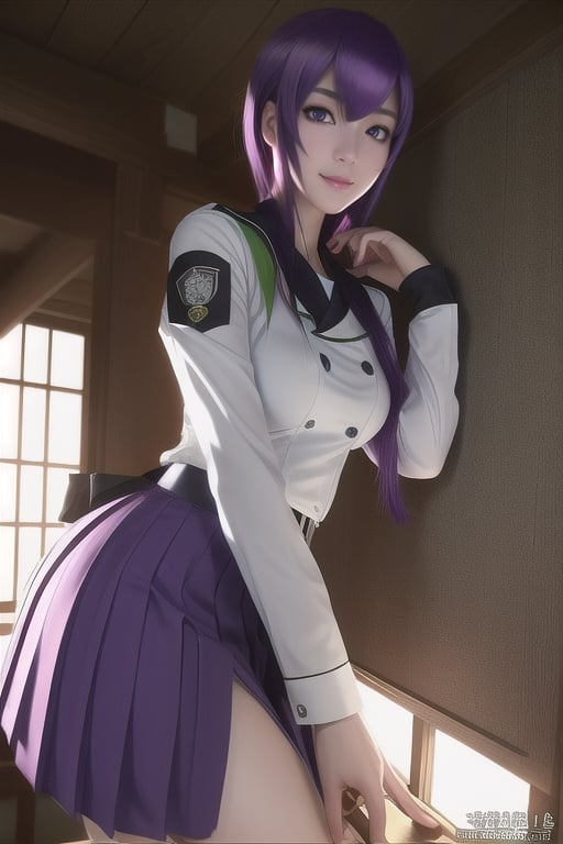 (masterpiece), 32k dgi, ultra detailed, dramatic lighting, hyper realistic, ((solo)), best quality, (((1girl))), (saeko busujima), japanese,  long_hair, purple_hair, purple_eyes, detailed_eyes, saeko_hairstyle, looking_at_viewer, pink_lips, best_body, (((saeko uniform))), smile, convident_eyes,  more detail XL

(Background: japan school class at night), ((horror)),

kyoushitsu,kaidan,hmochako,busujima_saeko, purple hair