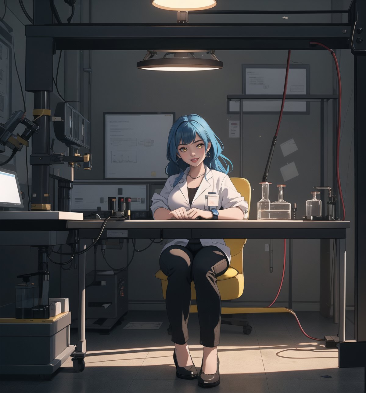 An ultra-detailed 16K masterpiece with a realistic and futuristic style, rendered in ultra-high resolution with stunning graphical detail. | Darla, a 30-year-old woman, is dressed in a scientist outfit consisting of a white shirt, black pants and a white lab coat. She is also wearing protective goggles and rubber gloves. His blue hair is short and combed back, with a slight disheveled effect. She has yellow eyes, looking at the viewer while smiling, showing her teeth and wearing red lipstick. She is in a sensual pose, leaning on a laboratory table with scientific equipment scattered around her. | The scene takes place in a disease study laboratory, with machines, metal structures, computers and concrete structures. Illumination is provided by fluorescent lights, creating harsh shadows on the walls and highlighting the details of the scene. | Soft, shadowy lighting effects create a tense, mysterious atmosphere, while detailed textures on materials and structures add realism to the image. | A sensual and intriguing scene of a scientist in a disease study laboratory, exploring themes of science, technology and seduction. | (((The image reveals a full-body shot as Darla assumes a sensual pose, engagingly leaning against a structure within the scene in an exciting manner. She takes on a sensual pose as she interacts, boldly leaning on a structure, leaning back and boldly throwing herself onto the structure, reclining back in an exhilarating way.))). | ((((full-body shot)))), ((perfect pose)), ((perfect limbs, perfect fingers, better hands, perfect hands)), ((perfect legs, perfect feet)), ((huge breasts)), ((perfect design)), ((perfect composition)), ((very detailed scene, very detailed background, perfect layout, correct imperfections)), More Detail, Enhance