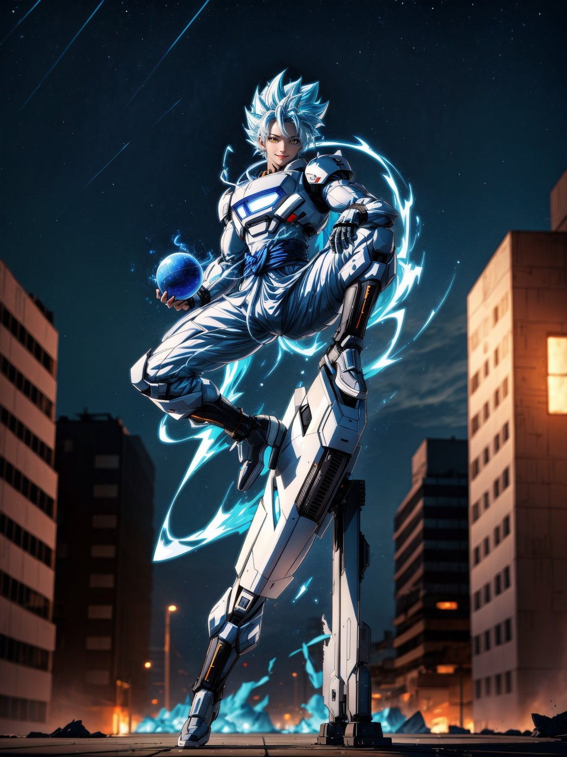1man, wearing white mecha suit with black parts, with metallic parts, white super saiyan hair, very messy hair, bangs in front of the eyes, looking at the viewer, emanating blue magic aura furiously around the body, (((fighting pose, interacting and leaning on an object)))), in a completely destroyed city, is at night raining hard,  ((full body):1.5). 16k, UHD, better quality, better resolution, better detail, Super Saiyan Superior Instinct