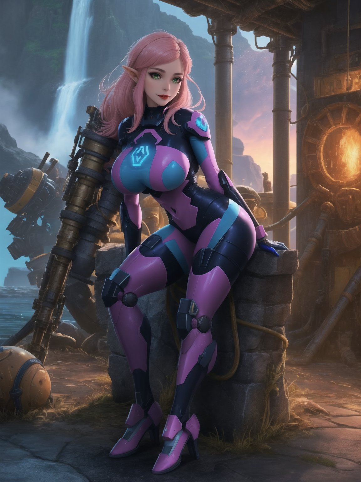 A masterpiece in 16K resolution, super Metroid fusion style with inspiration from Zelda Breath of the Wild. | A 39-year-old woman, clad in a white mecha musume outfit with areas in pink and touches of yellow, meticulously fitted to her body. Her direct gaze towards the viewer exudes confidence, while her short pink hair, in a mohawk with a voluminous fringe, adds a bold touch. | The scene unfolds within an ancient dungeon, with a majestic waterfall as the backdrop. Water pumping machines with imposing pipes, technological, rocky, and rusted steel structures, along with ancient and rusty robots, compose the environment. The woman strikes a sensual pose, boldly leaning on a large structure, adding a unique elegance to the scene. | The 16K resolution quality highlights every detail of the mecha musume outfit, while global lighting effects and projected shadows accentuate the fusion atmosphere with Zelda Breath of the Wild. | A fearless 39-year-old woman, adorned in mecha musume attire, explores an ancient dungeon with grace and intensity." | She is adopting a ((sensual pose as she interacts, boldly leaning on a large structure in the scene. Leaning back in a sensual way, adding a unique touch to the scene.):1.3), (((Full body image))), perfect hand, fingers, hand, perfect, better_hands, More Detail,