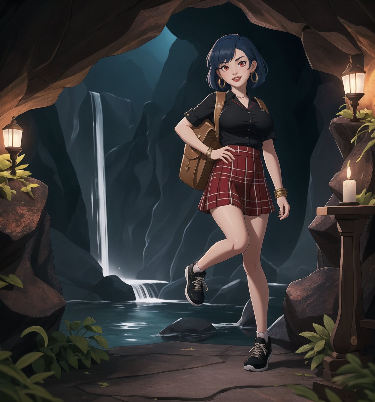 An ultra-detailed 4K fantasy-adventure masterpiece, rendered in ultra-high resolution with stunning graphical detail. | Akane, a young 22-year-old woman, is dressed in a schoolgirl uniform, consisting of a white blouse, black and red plaid skirt, black tie and black sneakers. She also wears a black cap with the school emblem, gold star-shaped earrings, black leather bracelets with metal details on the cuffs, and a black backpack. His short blue hair is disheveled, in a modern, shaggy cut. Her red eyes are looking straight at the viewer as she smiles and shows her teeth, wearing bright red lipstick and war paint on her face. It is located in a macabre cave, with rock structures, wooden structures, metal structures and a waterfall at the bottom. Candlelight illuminates the place, casting dancing shadows on the cave walls. | The image highlights Akane's sensual and strong figure and the macabre cave elements, creating an atmosphere of mystery and adventure. Dramatic lighting creates deep shadows and highlights details in the scene. | Soft, moody lighting effects create a relaxing and mysterious atmosphere, while rough, detailed textures on structures and decor add realism to the image. | A sensual and terrifying scene of a beautiful woman in a macabre cave, fusing elements of fantasy and adventure art. | (((The image reveals a full-body shot as Akane assumes a sensual pose, engagingly leaning against a structure within the scene in an exciting manner. She takes on a sensual pose as she interacts, boldly leaning on a structure, leaning back and boldly throwing herself onto the structure, reclining back in an exhilarating way.))). | ((((full-body shot)))), ((perfect pose)), ((perfect limbs, perfect fingers, better hands, perfect hands))++, ((perfect legs, perfect feet))++, ((huge breasts)), ((perfect design)), ((perfect composition)), ((very detailed scene, very detailed background, perfect layout, correct imperfections)), Enhance++, Ultra details++, More Detail++,