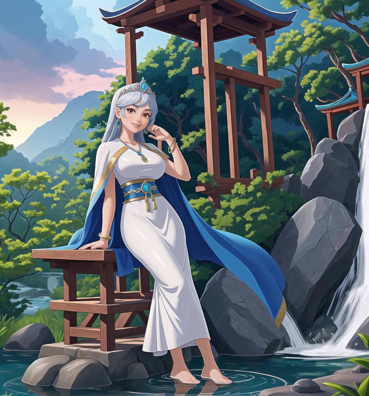 An ultra-detailed 4K masterpiece with fantastic style and water features. | A young priestess in her 20s, with long blue hair and glowing red eyes, stands in the middle of a temple at the waterfalls. She wears a water priestess costume, consisting of a white dress with blue details, a blue cloak and a silver tiara with a blue stone in the center. She also wears silver waterdrop earrings, a blue stone necklace, and a silver bracelet with blue accents. Her face shows a seductive and enigmatic expression as she looks at the viewer and ((smiles)), showing her white teeth and blue painted lips. | The image highlights the imposing figure of the priestess and the temple's architectural elements such as stone structures, wooden structures, statues of water gods, fountains and Zen gardens. The waterfalls and river surrounding the temple create a relaxing and mystical environment, while the natural lighting from the sun highlights the details of the scene. | Soft lighting effects and water reflections create an ethereal and seductive atmosphere, while detailed textures on fabrics and structures add realism to the image. | A mystical and seductive scene of a young water priestess in a temple at the waterfalls. | (((((The image reveals a full-body shot as she assumes a sensual pose, engagingly leaning against a structure within the scene in an exciting manner. She takes on a sensual pose as she interacts, boldly leaning on a structure, leaning back in an exciting way.))))). | ((full-body shot)), ((perfect pose)), ((perfect fingers, better hands, perfect hands)), ((perfect legs, perfect feet)), ((Big, huge breasts)), ((perfect design)), ((perfect composition)), ((very detailed scene, very detailed background, perfect layout, correct imperfections)), More Detail, Enhance