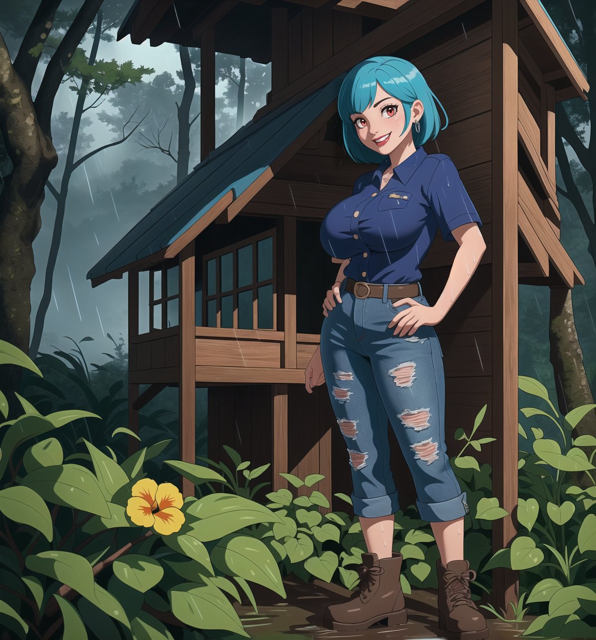 An ultra-detailed 16K masterpiece with macabre stylings fused with camper elements, rendered in ultra-high resolution with graphic detail. A young woman is dressed in a camper outfit, including a green short-sleeved shirt, jeans and mountain boots. She has short, straight blue hair with a big fringe that covers part of her bright red eyes. She has two long pansies with blue clips and is ((smiling, showing her white teeth)) wearing red lipstick. The rain hitting her wet outfit reveals her sensual curves as she explores the macabre forest during the stormy night. The image highlights the figure of the young woman and the wooden structures and tall trees of the camp around her. Intermittent lightning flashes illuminate the scene and create dramatic shadows, emphasising the details of the wet forest. Dramatic lighting effects and heavy rain create a sombre and tense atmosphere, while detailed textures in the costume and vegetation add realism to the image. A sensual and frightening scene of a young woman in the camp during a storm in the macabre forest. (((((The image reveals a full-body shot as she strikes a sensual pose, engagingly leaning against a structure within the scene in a thrilling manner. As she leans back, she assumes a sensual pose, leaning against the structure and reclining in an exciting way.))))). | ((full-body shot)), ((perfect pose)), ((perfect fingers, better hands, perfect hands)), ((perfect legs, perfect feet)), ((huge breasts)), ((perfect design)), ((perfect composition)), ((very detailed scene, very detailed background, perfect layout, correct imperfections)), More Detail, Enhance