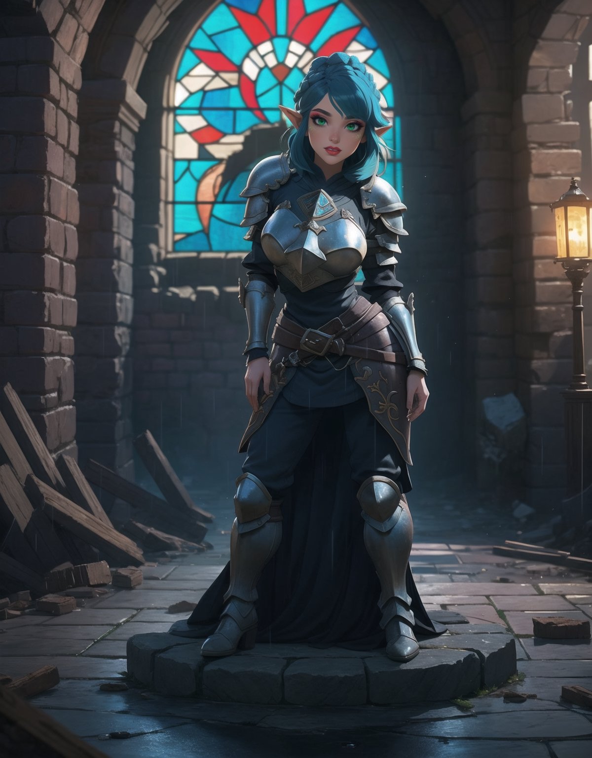 Resolution in UHD, inspired by the style of Zelda: Breath of the Wild. | Among the ruins of an ancient castle, a woman of extraordinary beauty wears a completely black medieval armor. Her blue eyes radiate happiness, and a big smile lights up her face as she looks directly at the viewer. The short and spiky blue hair, with a generous fringe covering the right eye, adds a unique touch. Adopting a sensual pose, she leans on a large structure, gracefully leaning backward. The camera, positioned very close, focuses on the entire body of the main character. | The nighttime environment is intensified by heavy rain, revealing detailed ruins, a large sword embedded in a stone, rusty armor, and rocky structures. A large stained glass window adorns the scene with vibrant colors, while destroyed furniture and ancient texts complete the atmosphere. | Meticulously adjusted lighting enhances the beauty of the woman in the black armor, while rain effects add movement to the scene. The Breath of the Wild style is incorporated in the fusion of medieval and fantastical elements. | An exceptional warrior in black medieval armor, radiating happiness in the ruins of an ancient castle during a rainy night. | She is adopting a ((sensual pose as interacts, boldly leaning on a large structure in the scene, leaning back in a dynamic way, adding a unique touch to the scene.):1.3), (((full body))), perfect hand, fingers, hand, perfect, better_hands, More Detail,