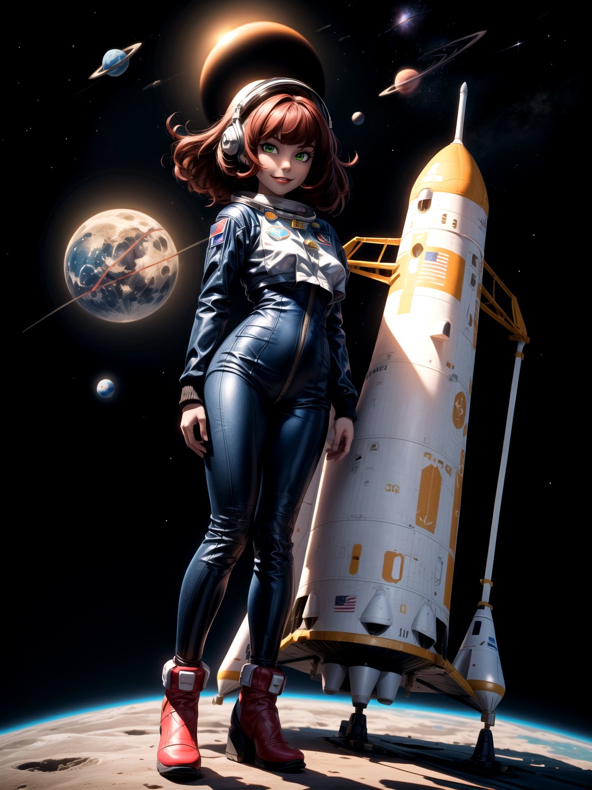 ((woman astronaut)), ((wearing NASA astronaut suit, astronaut helmet on head)), ((dark red hair, very smooth, very messy, hair with bangs in front of the eyes)), ((gigantic breasts)), ((staring at the viewer)), (((doing action pose leaning on an object))), ((on the moon in front of the space rocket, US flag nailed to the ground, space car,  stars, small planets)), ((((full body)))), 16k, UHD, ((better quality, better resolution, better detail))