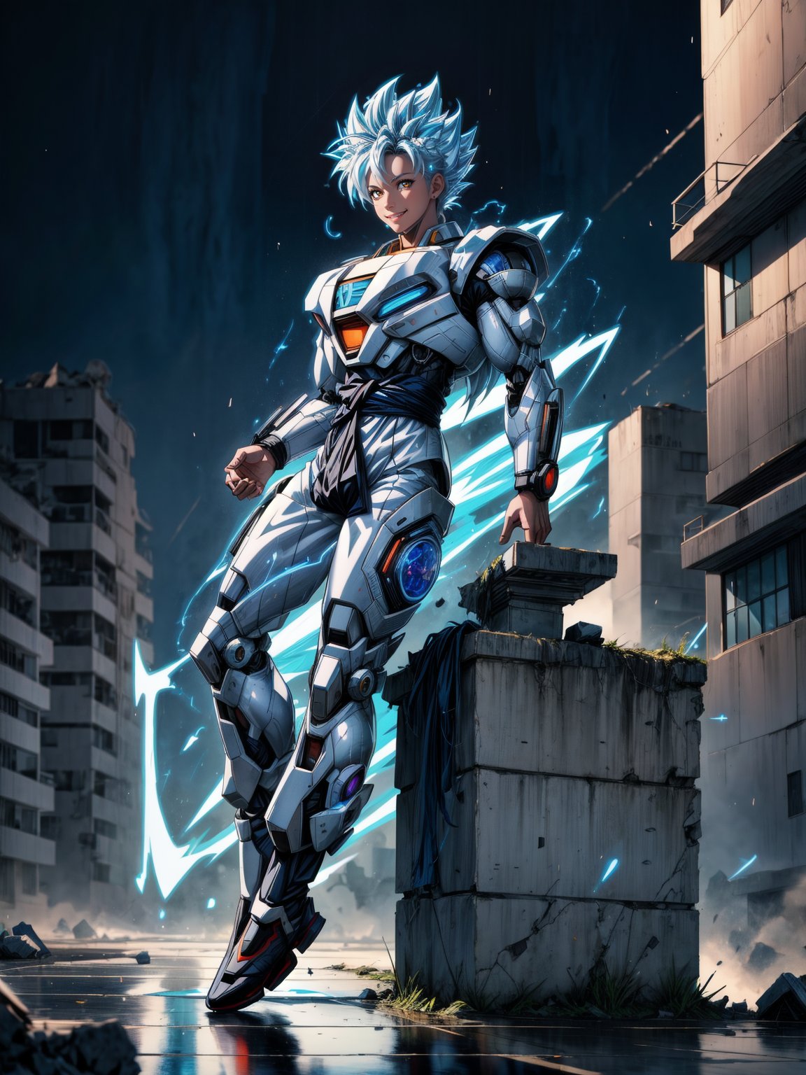 Son Goku, wearing white mecha suit with black parts, with metallic parts, white super saiyan hair, very messy hair, bangs in front of the eyes, looking at the viewer, emanating blue magic aura furiously around the body, (((fighting pose, interacting and leaning on an object))), in a completely destroyed city,  it is night raining hard, ((full body):1.5). 16k, UHD, better quality, better resolution, better detail, Super Saiyan Superior Instinct