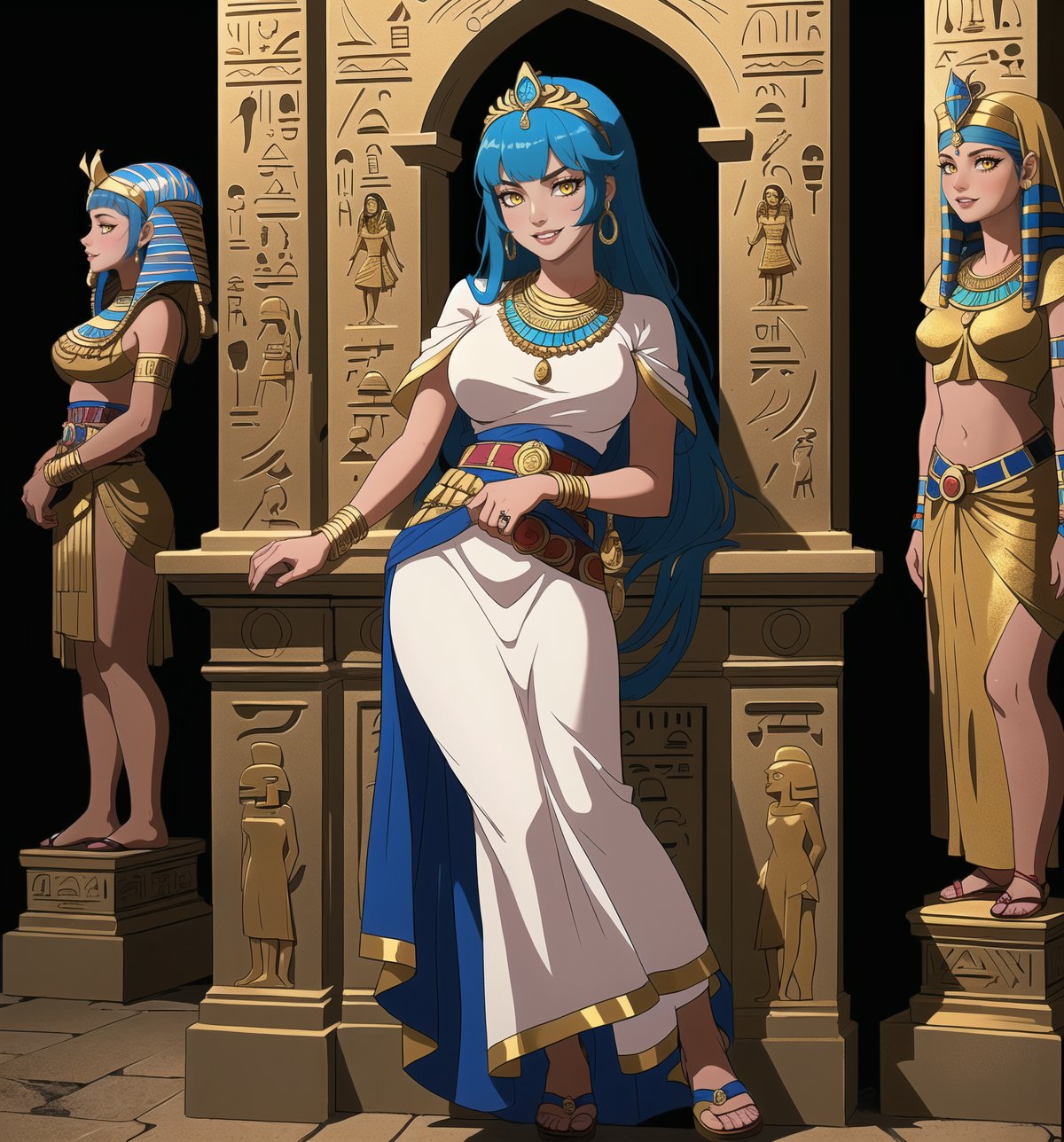 A masterpiece in 8K ultra-detailed resolution, combining the ancient Egyptian style with horror elements, rendered in ultra-high resolution with impressive details. | A 25-year-old woman wears an Egyptian outfit consisting of a white tunic with gold details, a long skirt with blue and gold stripes, a gold belt with scarab-shaped pendants, and gold sandals. She also wears a wide necklace with Eye of Horus pendants, gold bracelets with Egyptian engravings, and a gold tiara with a raised cobra on her forehead. Her blue hair is long and straight, with a side bang and a high hairstyle adorned with gold beads. Her yellow eyes are looking at the viewer while she smiles and shows her teeth. She is inside an Egyptian tomb, surrounded by hieroglyphs, statues of Egyptian gods, ancient sarcophagi, and hidden treasures. The atmosphere is mysterious and fascinating, with torchlight illuminating the tomb walls and creating dancing shadows. | The image highlights the beauty and mystery of the Egyptian woman, contrasting with the dark and scary tomb environment. The gold and blue details of the woman's outfit shine in the darkness, while the statues and hieroglyphs create a sense of antiquity and hidden secrets. The dramatic torchlight illuminates the scene's details and creates a tense and fearful atmosphere. | Soft and dark lighting effects create a mysterious and scary atmosphere, while detailed textures on the tomb walls, fabrics, and accessories add realism to the image. | A fascinating and terrifying scene of an Egyptian woman inside an ancient tomb, exploring themes of mystery, fear, and beauty. | (((((The image reveals a full-body shot of the character as she assumes a sensual pose. She enticingly leans, throws herself, and supports herself against a structure within the scene in an exciting manner. While leaning back, she takes on a sensual pose, boldly throwing herself onto the structure and reclining back in an exhilarating way.))))). | ((full-body shot)), ((perfect pose)), ((perfect fingers, better hands, perfect hands)), ((perfect legs, perfect feet)), ((huge breasts)), ((perfect design)), ((perfect composition)), ((very detailed scene, very detailed background, perfect layout, correct imperfections)), More Detail, Enhance,