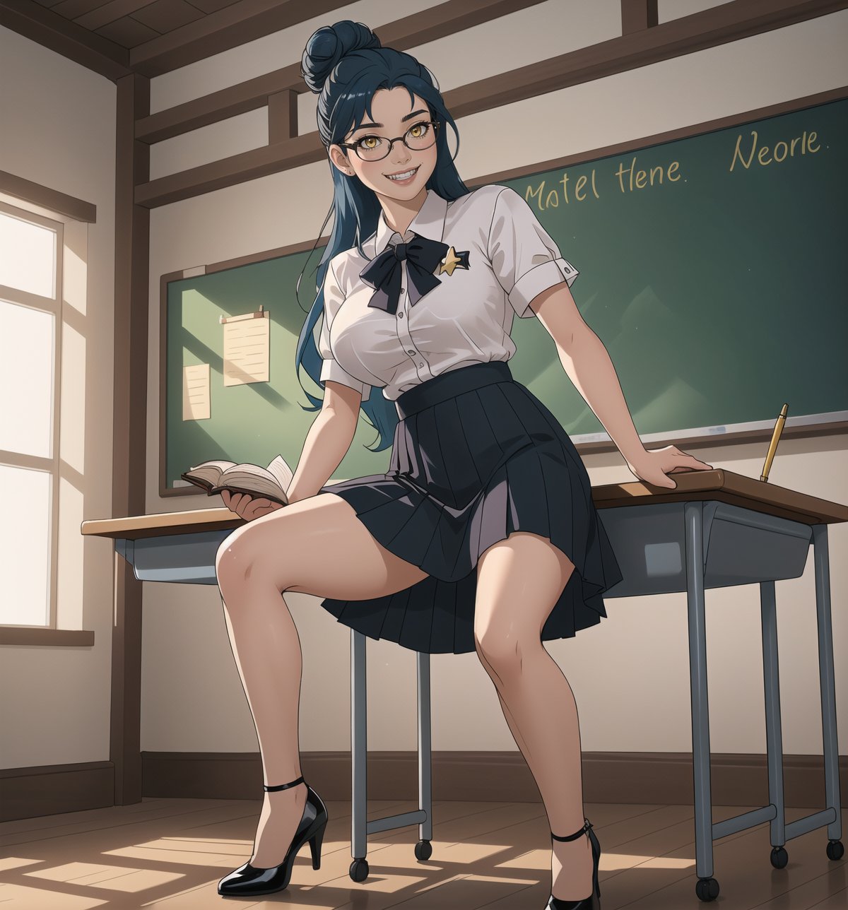 A masterpiece in 8K ultra-detailed resolution with Realistic and Comedy styles, rendered in ultra-high resolution with graphic details. | A young 23-year-old woman, wearing a white blouse, a black skirt, black stockings, black high-heeled shoes, and reading glasses. Her long ((blue hair)) is tied up in a high bun with a pen. Her yellow eyes look at the viewer with a ((friendly smile, showing her teeth)). | The image emphasizes the figure of the woman in the middle of a classroom with tables and chairs, a blackboard, a pointer, textbooks, and an interactive whiteboard. The students are seated at the tables, listening attentively to the lesson. | Soft and natural lighting effects create a welcoming and fun atmosphere, while detailed textures on the clothes and fabrics add realism to the image. | A cheerful and humorous scene of a young teacher giving a lesson, exploring themes of education, fun, and learning. | (((((The image reveals a full-body shot of the character as she assumes a sensual pose. She enticingly leans, throws herself, and supports herself against a structure within the scene in an exciting manner. While leaning back, she takes on a sensual pose, boldly throwing herself onto the structure and reclining back in an exhilarating way.))))). | ((full-body shot)), ((perfect pose)), ((perfect fingers, better hands, perfect hands)), ((perfect legs, perfect feet)), ((huge breasts)), ((perfect design)), ((perfect composition)), ((very detailed scene, very detailed background, perfect layout, correct imperfections)), More Detail, Enhance,